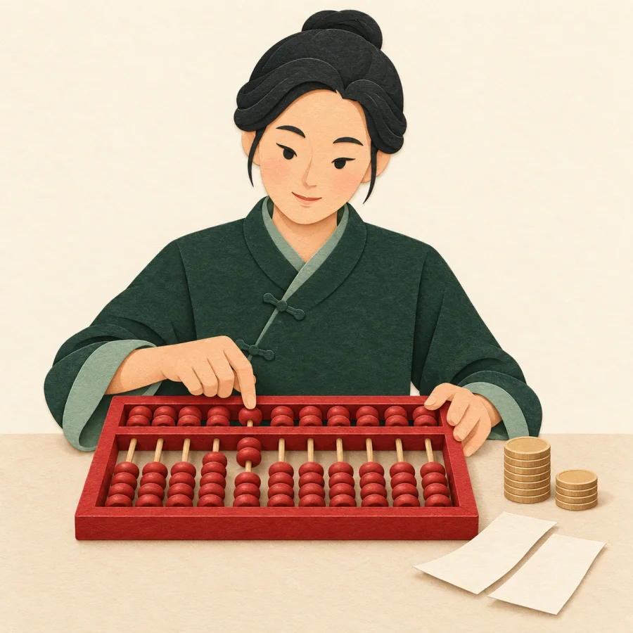 A person uses an abacus beside coins and receipts