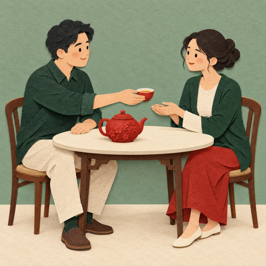 Two neighbours at a table, one offering the other tea