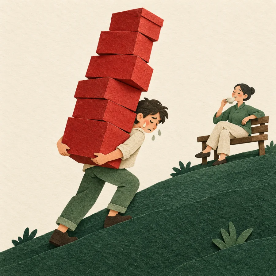 A person carries a tower of boxes while another sips tea