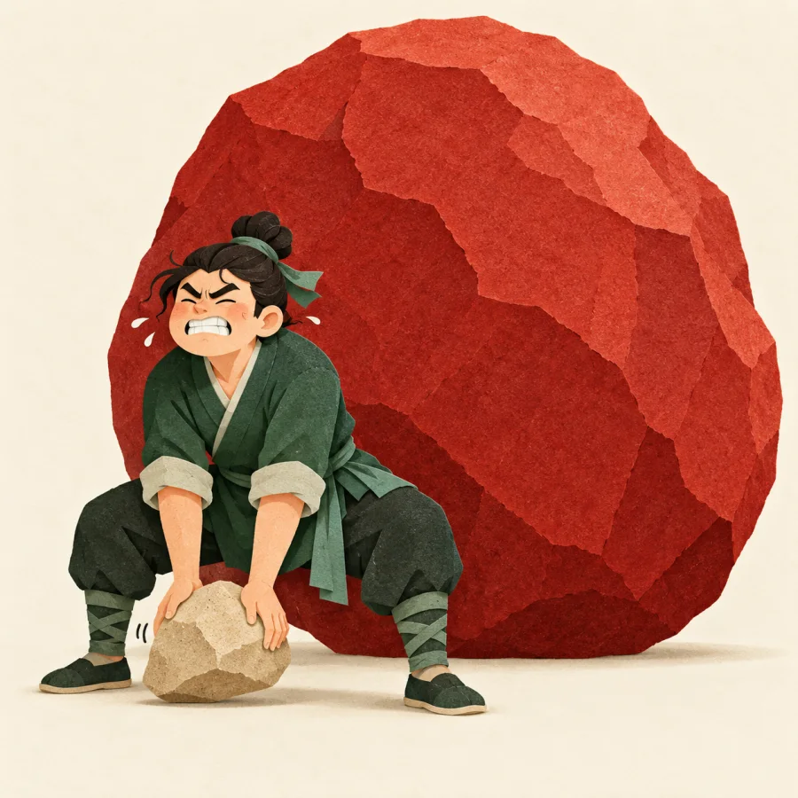 A person struggles with a small stone before a huge boulder