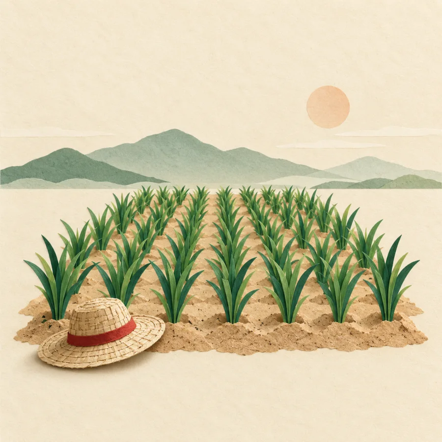 Rows of green seedlings in a field with a straw hat