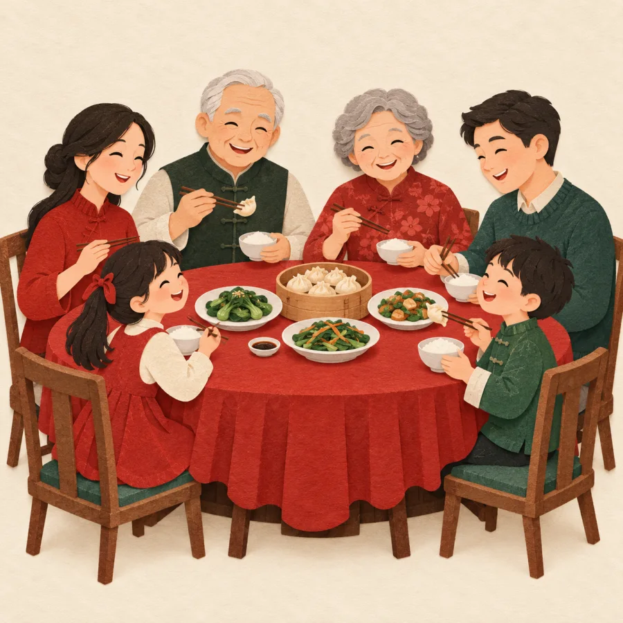 A three-generation family around a round table
