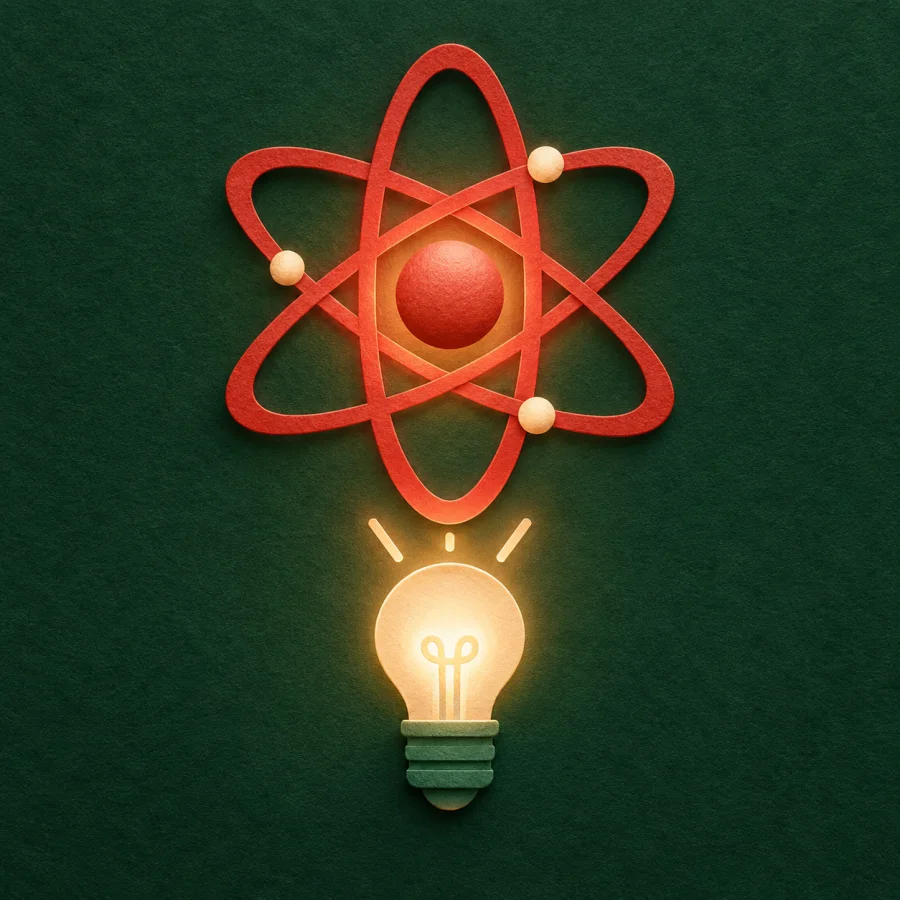 An atom model with a red nucleus beside a lit bulb
