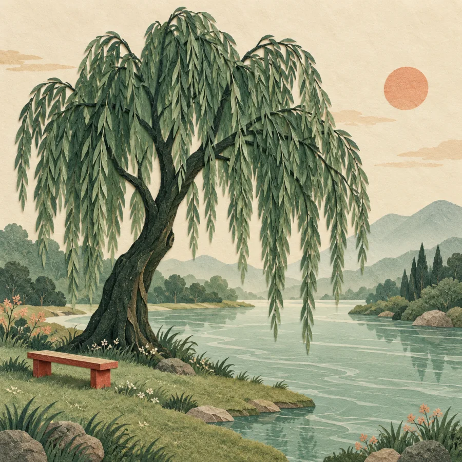 A willow and a bench on a riverbank