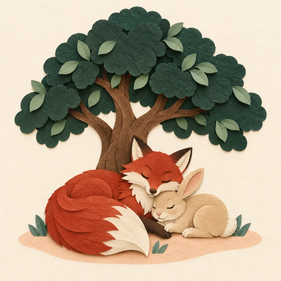 A fox and a rabbit rest side by side under a tree