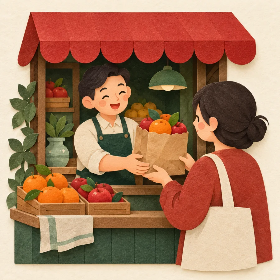A smiling shopkeeper hands a customer a bag of fruit