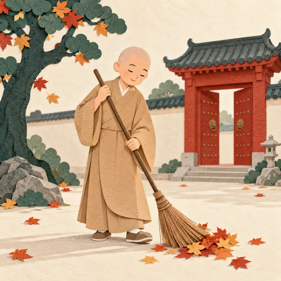 A monk sweeps fallen leaves in a courtyard