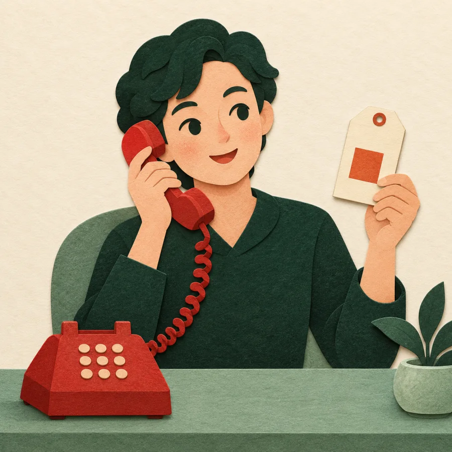 A person on the phone holding a price tag