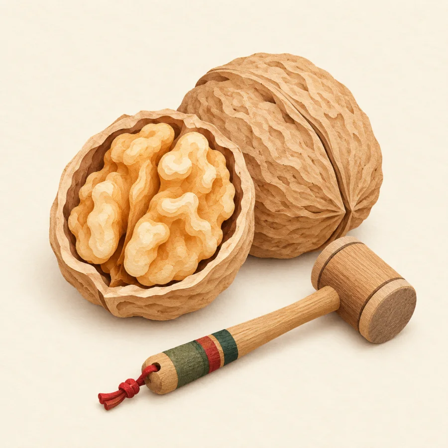 A whole walnut and a cracked half beside a hammer