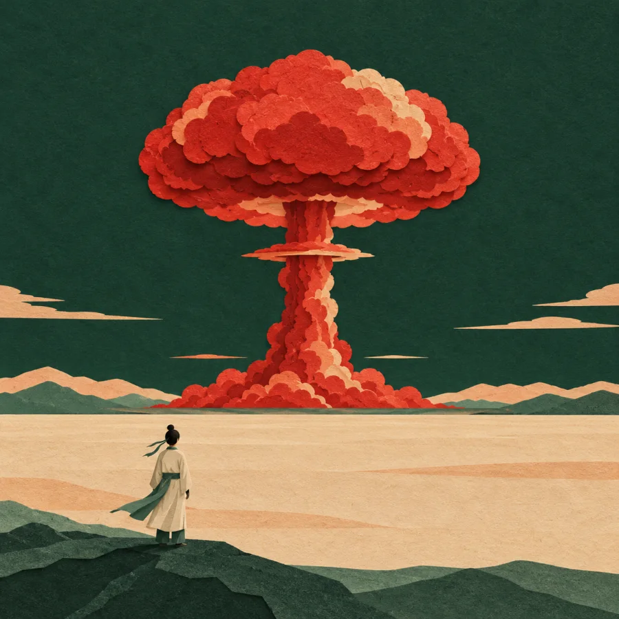A person watches a distant red cloud over the horizon