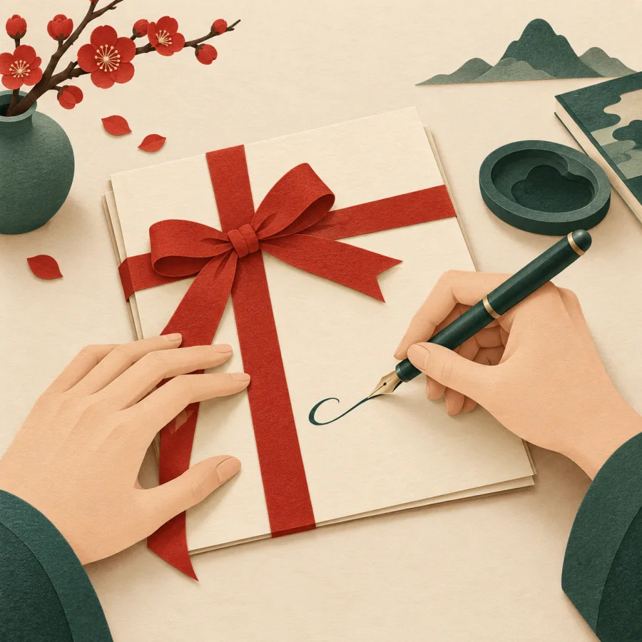 Hands with a pen over a signed document with a ribbon