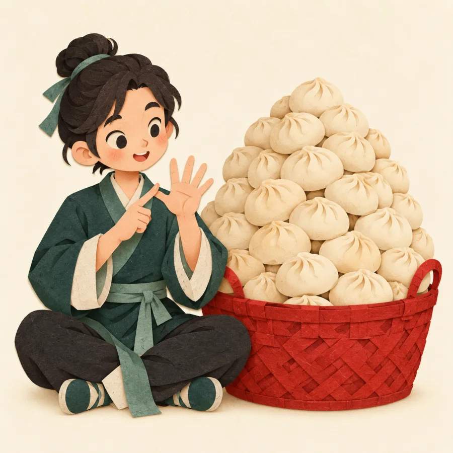A person counts on fingers beside a huge pile of buns