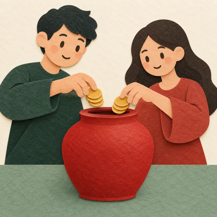 Two people put coins into one shared jar
