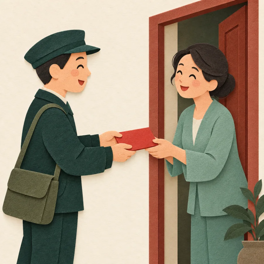 A postal worker hands a smiling person a red message slip