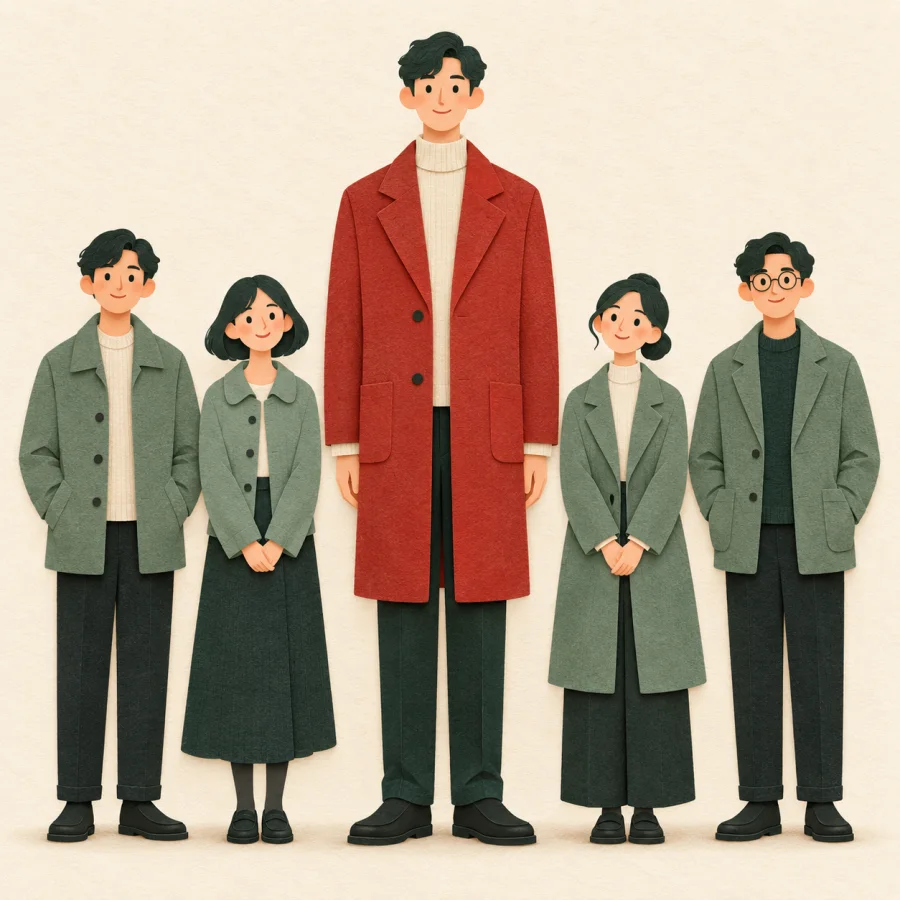 A tall person in red among shorter people in green