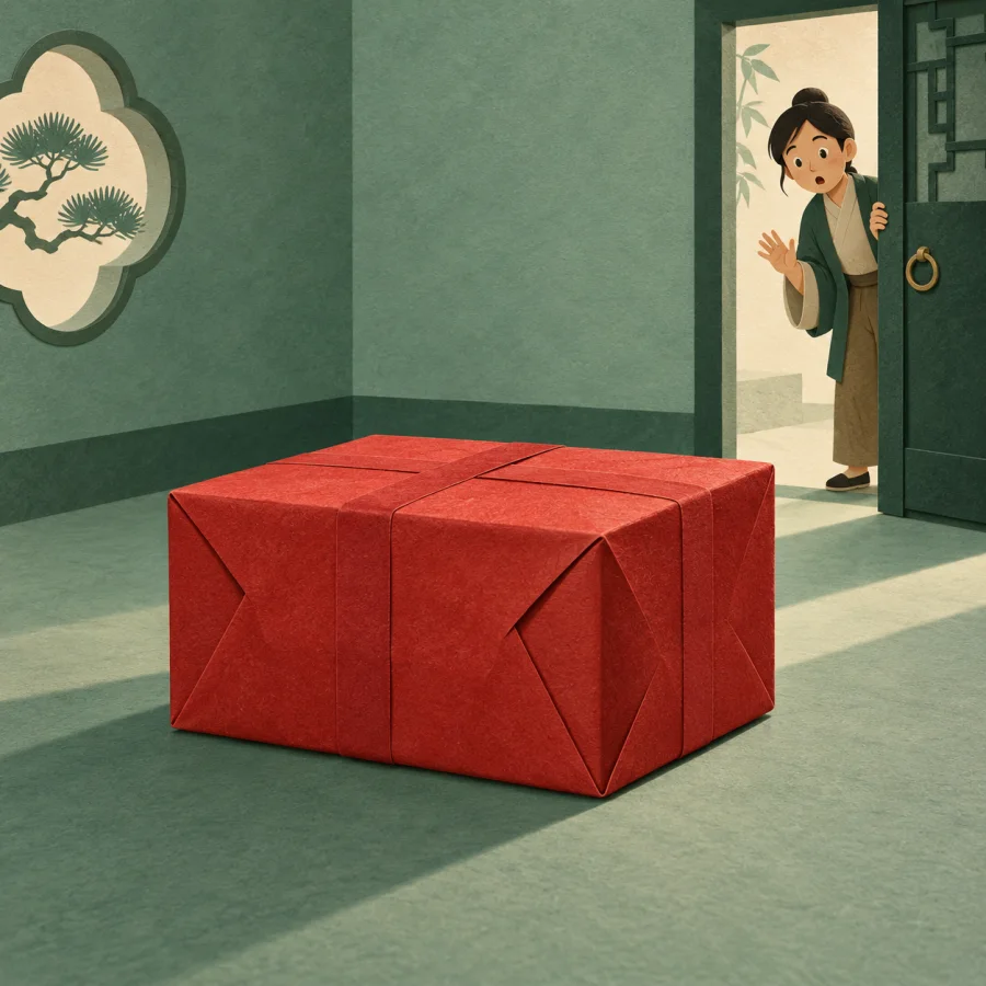 A huge red parcel alone in the middle of an empty room