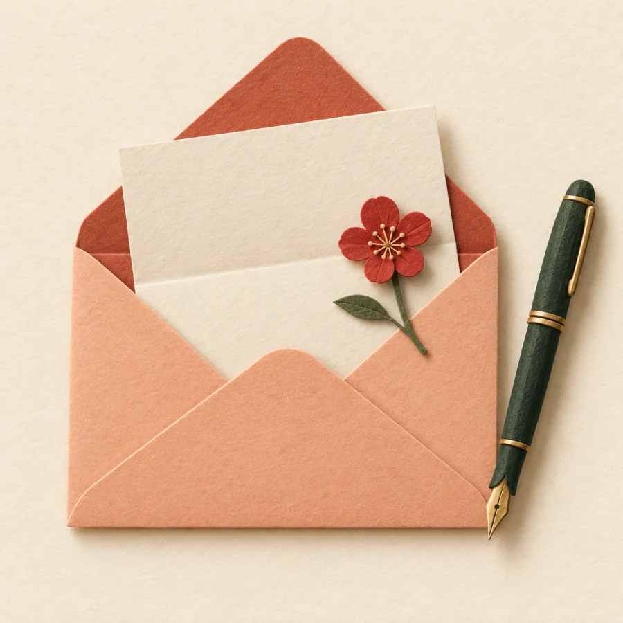 An open envelope with a letter and a flower