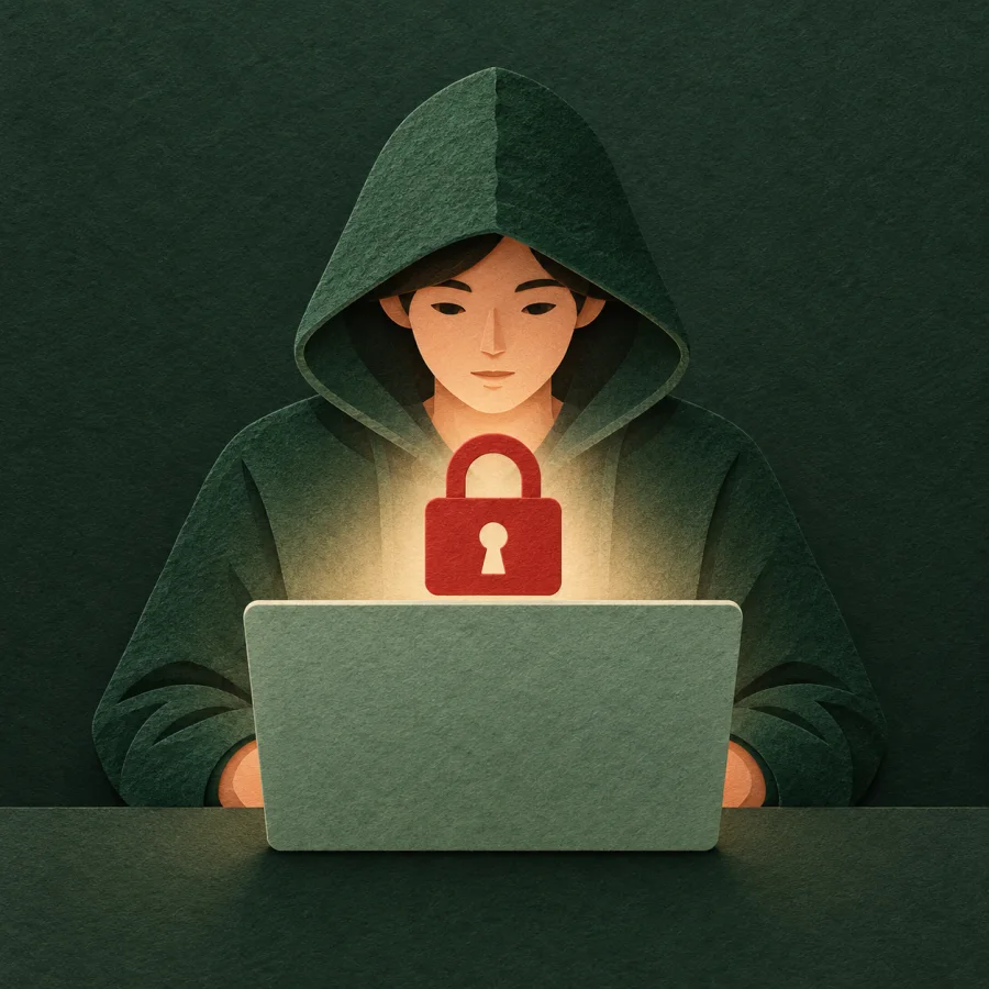 A hooded person at a laptop in a dim room