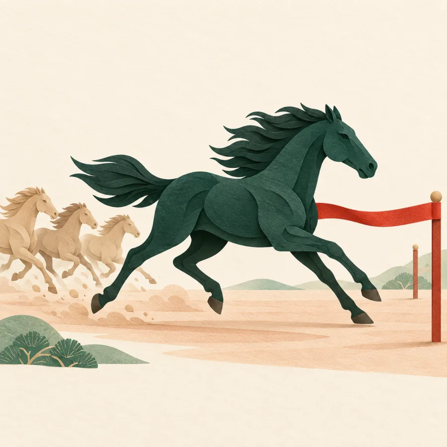 A dark horse runs ahead of pale horses