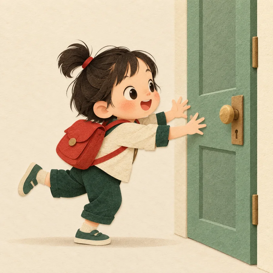 An impatient child leans toward a door with a backpack