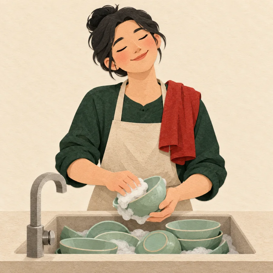 A smiling person hums over a sink of bowls