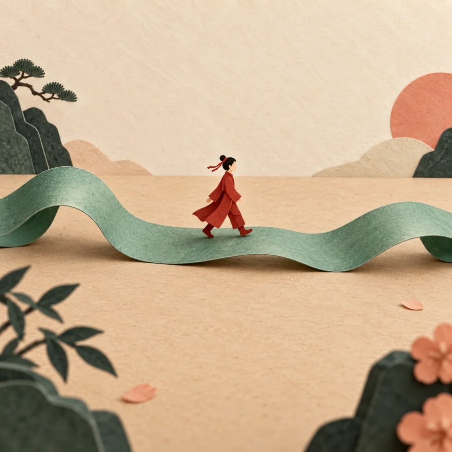 A ribbon stretches sideways across a table with a person walking along it