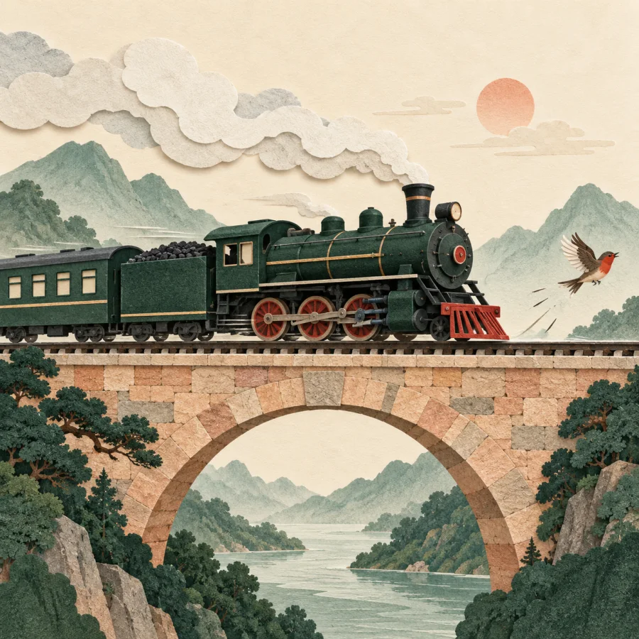 A dark train thunders over a stone bridge as a bird flies off