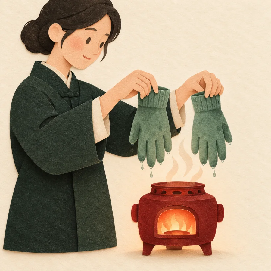 A person dries wet gloves beside a small stove