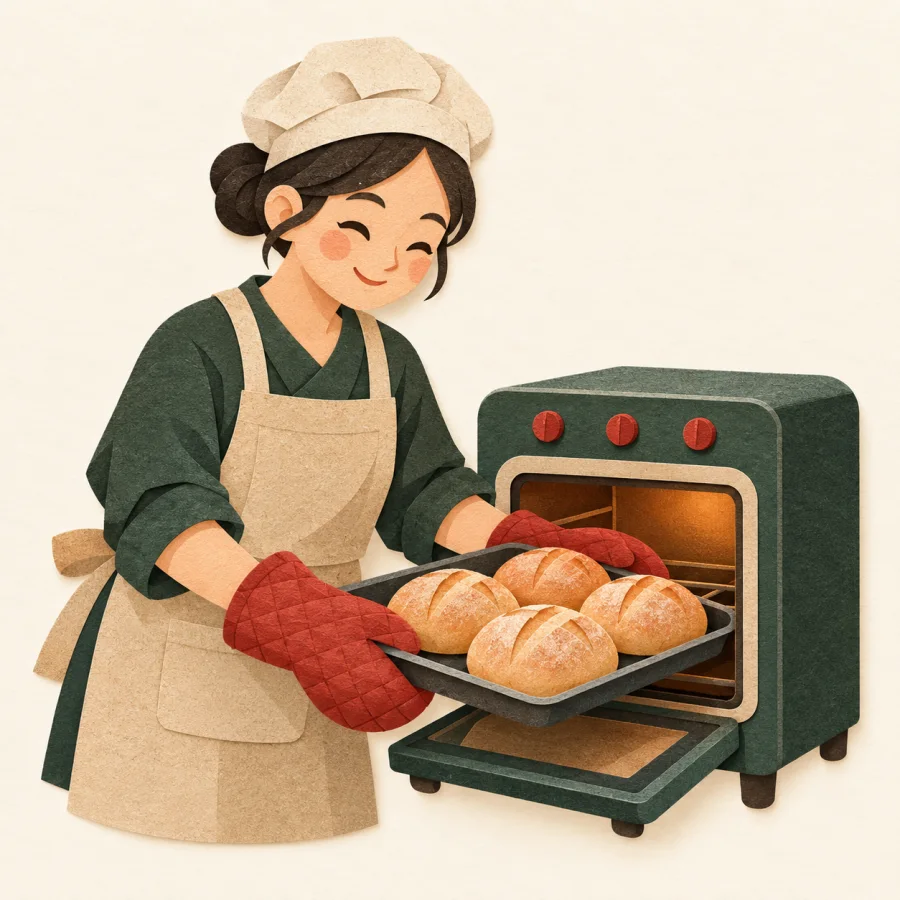 A baker pulls a tray of buns out of an oven