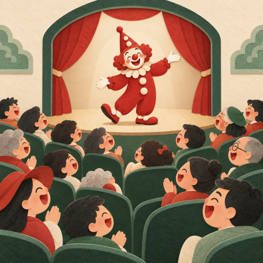 A full audience laughs at a clown on stage