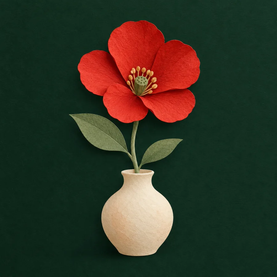 A bright red flower stands out against a dark background