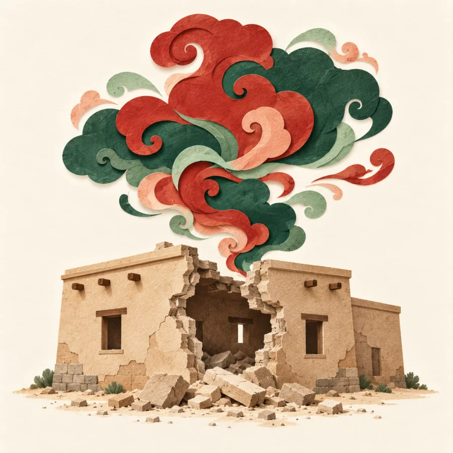 A damaged building beneath a heavy cloud of dust