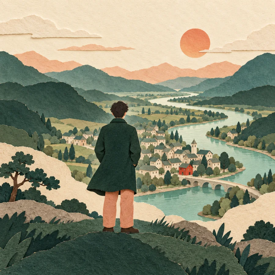 A person on a hill looks over a whole town and river