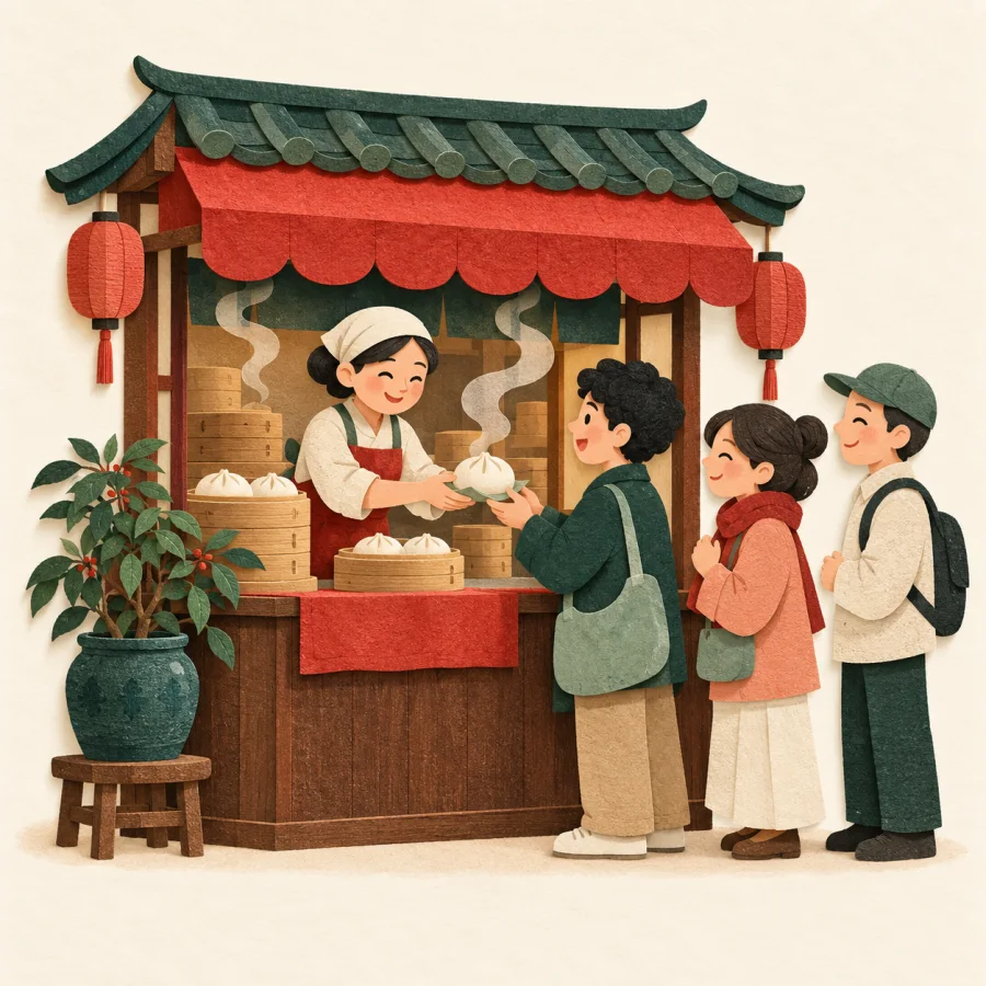 A busy shop with a red awning and a line of customers