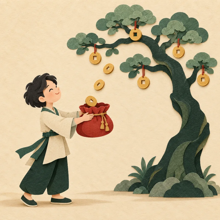A person receives a pouch of coins from a coin tree