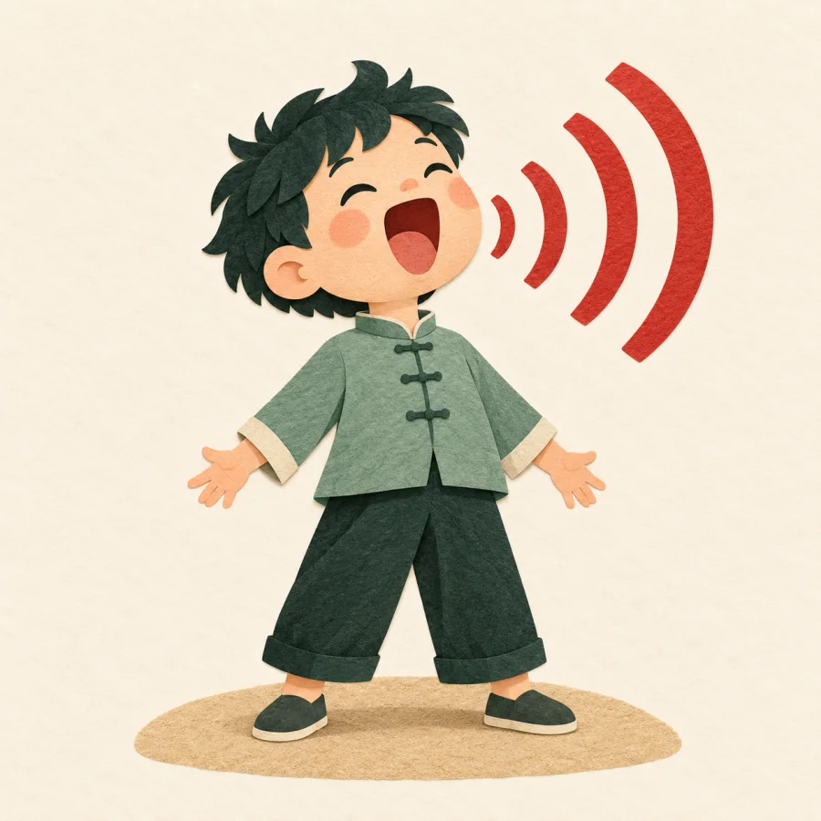 A child shouts loudly on a platform as sound waves spread