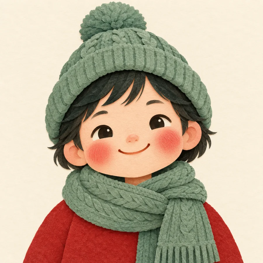 A smiling child with rosy cheeks in a knitted hat