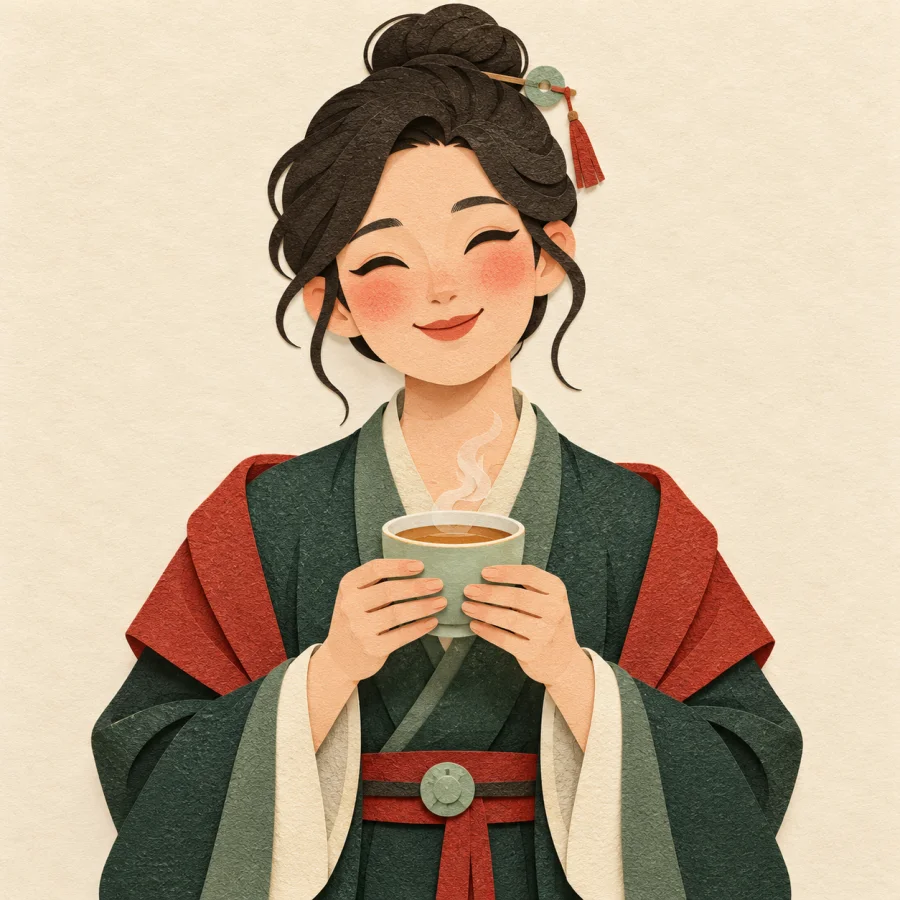 A person with a healthy glow holds a cup of tea
