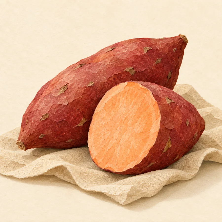 Two red-skinned sweet potatoes, one cut open