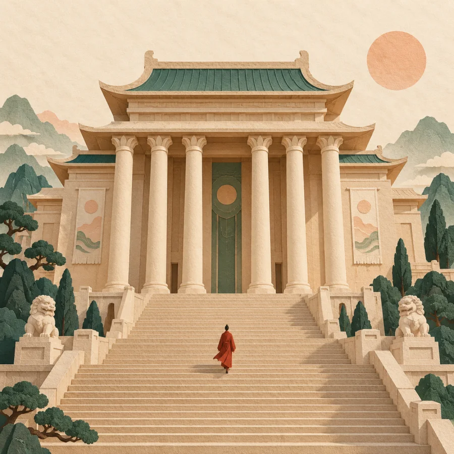 A grand columned building with a tiny person on the steps