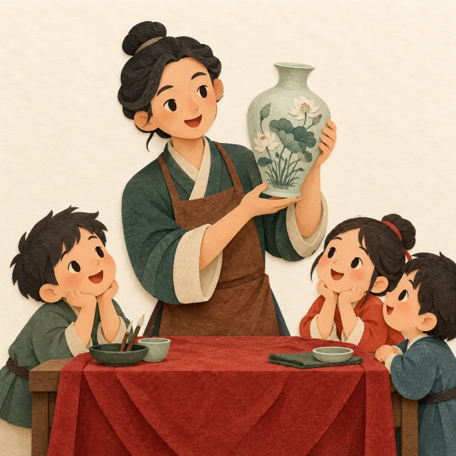 An artisan shows a painted vase to a group of children