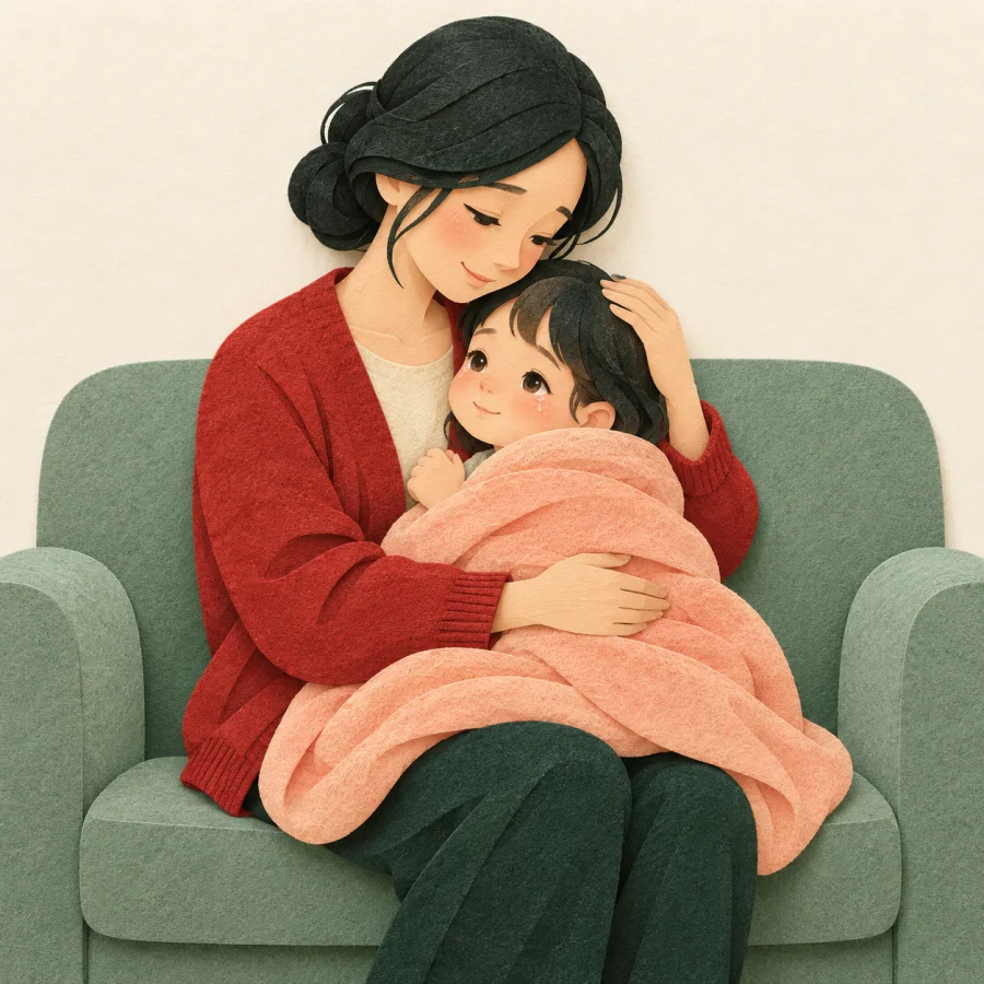 A person rocks a crying child wrapped in a blanket