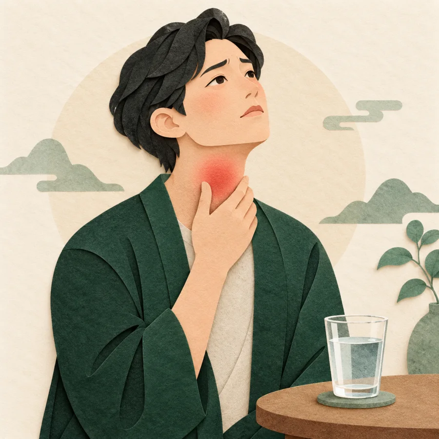 A person holds their throat beside a glass of water
