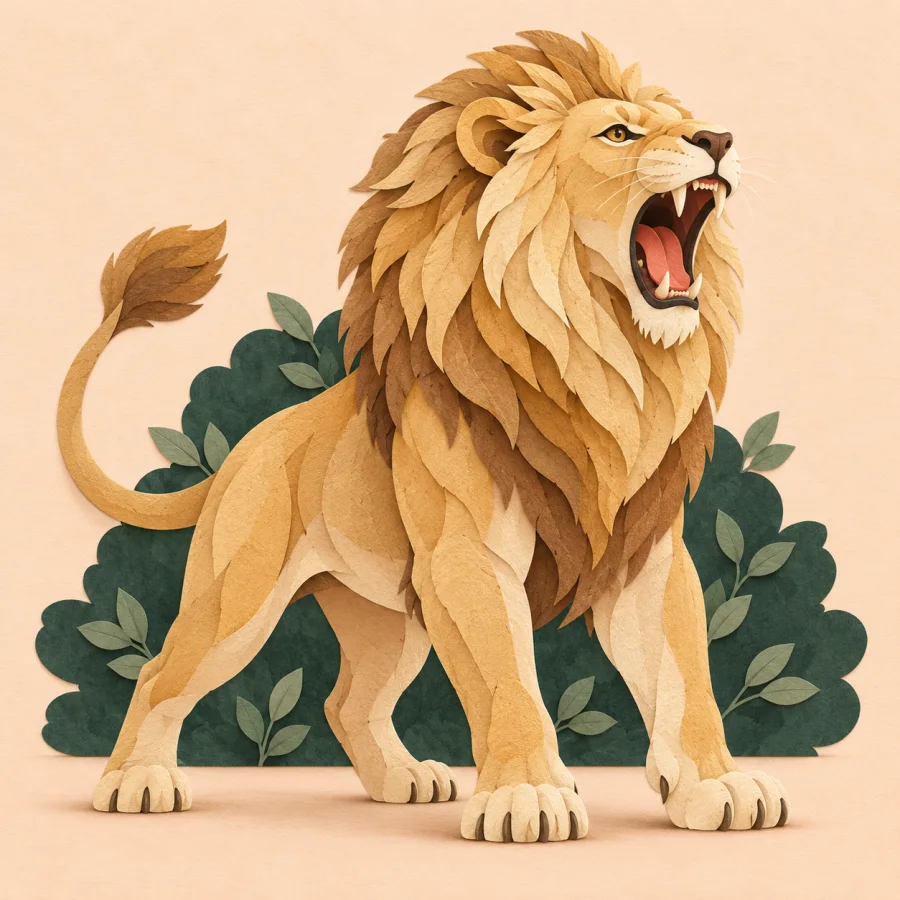 A lion with a sandy mane roars beside a bush