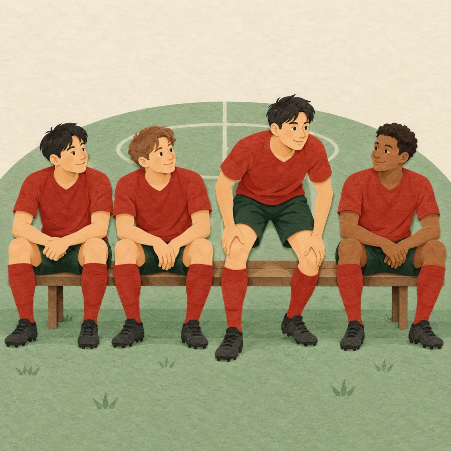 Reserve players in red jerseys sit on a bench