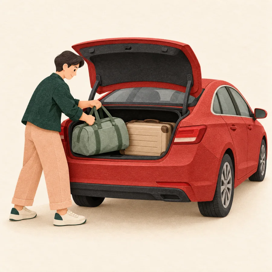 A red car with an open trunk and a suitcase