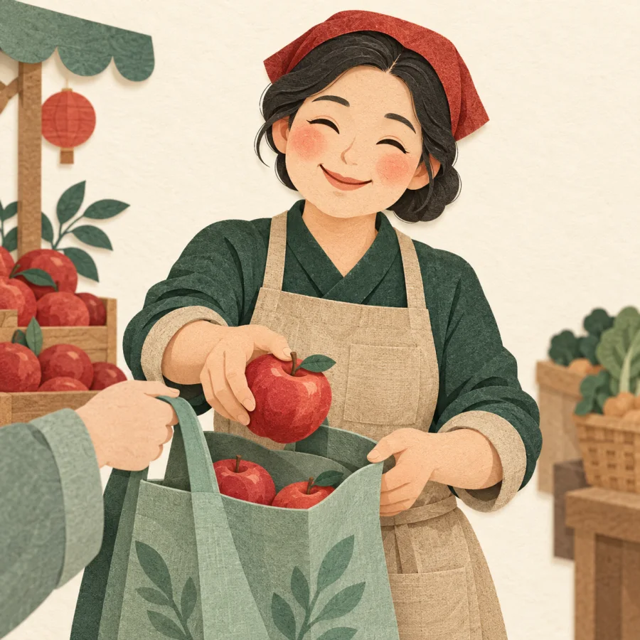 A kind shopkeeper slips an extra apple into a bag