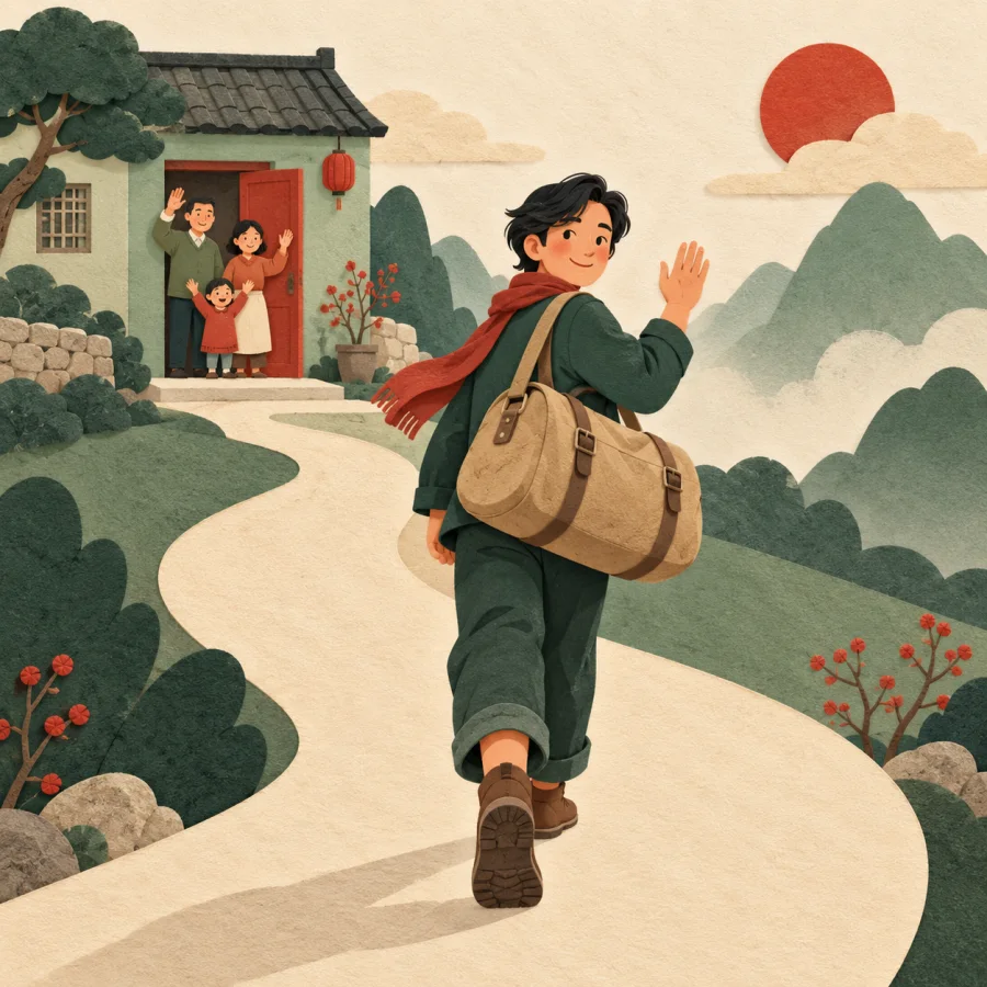 A person with a bag leaves as a family waves from home