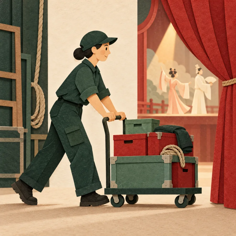 A person pushes a cart of crates behind a stage