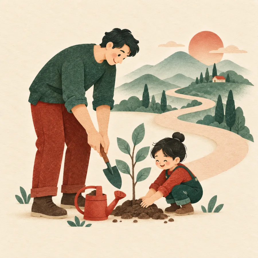 An adult and a child plant a sapling by a long path